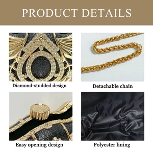 Detail view of rhinestone evening clutch with detachable chain and luxury lining