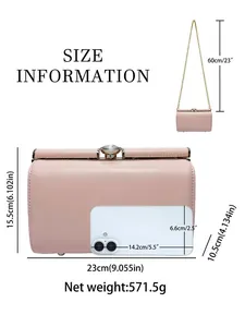 Pink evening shoulder bag with size information chart and rhinestone clasp detail