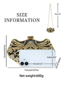 Elegant rhinestone evening clutch bag in floral pattern with dimensions and chain strap details