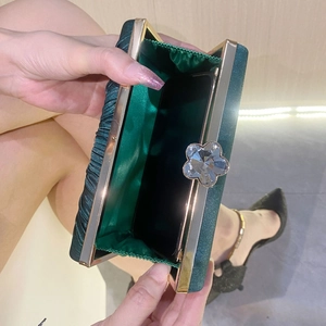 Dark green pleated satin evening clutch bag with gold flower crystal clasp for weddings