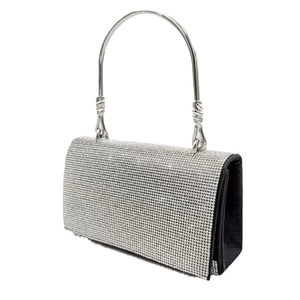 Silver rhinestone evening clutch bag with crystal embellishments and metal handle