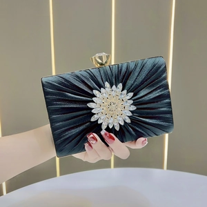 Women Pleated Satin Evening Clutch Bag Rhinestone Flower Elegant Wedding Party Banquet Bridal Handbag With Chain Strap