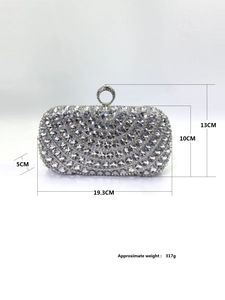 Detailed view of silver rhinestone evening clutch with dimensions 19.3cm x 10cm and ring clasp