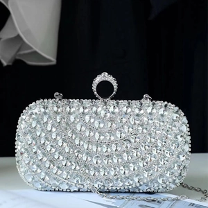 Rhinestone Evening Clutch Bag For Women Glittering Party Wedding Purse With Ring Clasp And Detachable Chain Strap