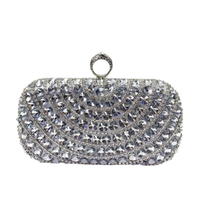 Elegant silver evening clutch bag with sparkling crystals and a rhinestone ring clasp