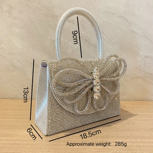 Silver rhinestone evening bag with butterfly design and detailed dimensions marked