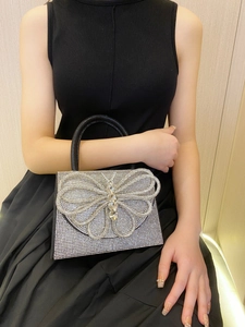 Detailed view of silver rhinestone evening bag with a crystal butterfly clasp held by a model