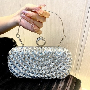 Elegant silver rhinestone evening clutch bag with ring handle for wedding parties
