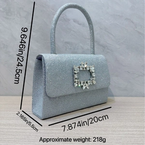 Side view of a silver sequin evening bag with crystal buckle and size dimensions