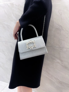 Detailed view of silver sequin evening bag with a square crystal buckle on black coat