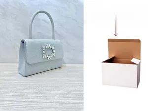 Detail view of silver sequin evening bag with crystal buckle and gift box packaging