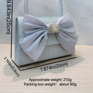 Silver sequin evening bag with purple satin bow and size labels 25x20x5.5cm