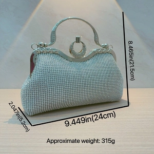 Pochette de soirée en strass argentés dimensions 24x21,5x5,2 cm et poids de 315g