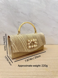 Champagner-Glitzer Abendtasche mit goldenem Bambusgriff und Perlen-Strass-Schnalle