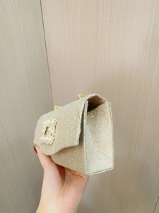 Abendhandtasche in Champagnergold mit Pailletten und Perlenschnalle in der Hand