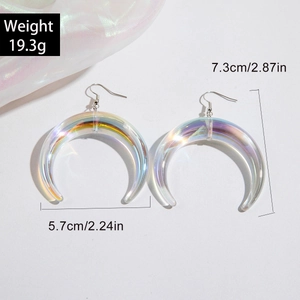 Iridescent moon resin earrings with laser effect and measurements shown on white background