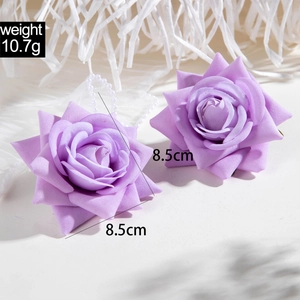 Detailed close-up of 8.5cm purple rose flower earrings with handmade petal texture