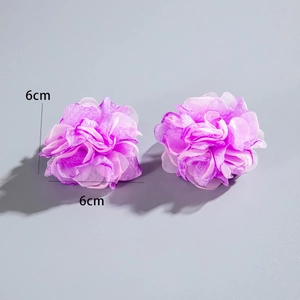 Detail of 6cm purple organza flower earrings featuring handmade beaded tassel design