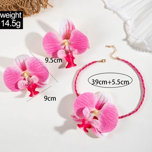 Détails de l'ensemble de bijoux orchidée rose avec cordon tressé et perles d'imitation
