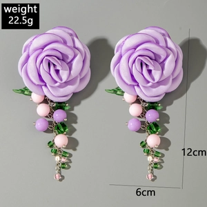 Exquisite purple satin rose earrings with colorful beaded fringe tassels, 12cm length