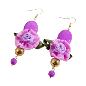 Bohemian handmade rose earrings with oval turquoise stone and colorful bead tassels