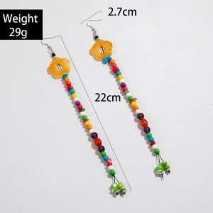 Detail showing Bohemian long beaded earrings with colorful stones and dimensions
