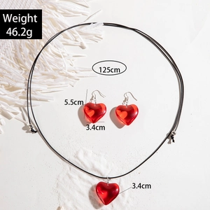 Silver cord necklace and heart earring jewelry set with red resin heart pendants