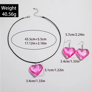 Detailed dimension guide for pink heart pendant necklace and earring jewelry set