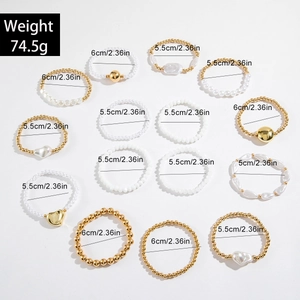 Set de 15 bracelets multicouches avec perles, cœurs dorés et informations sur le poids du produit
