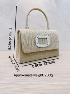 Goldene Pailletten Abendtasche mit Kristallverschluss und Größenangaben in cm