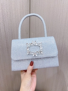 Women Silver Sequin Evening Bag With Sparkling Square Crystal Buckle Top Handle Clutch Crossbody Purse For Wedding Party