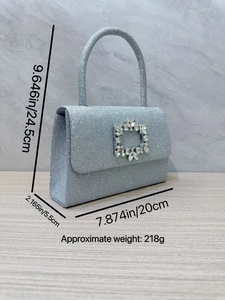 Sparkling silver sequin evening clutch bag with diamond square buckle and round handle