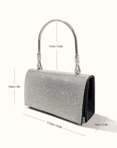 Silver rhinestone evening clutch with dimensions 17.5x6x10cm and circular handle