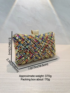 Luxurious rhinestone evening clutch with colorful geometric patterns and metal clasp