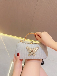 Detail of silver evening clutch featuring a large rhinestone butterfly and gold handle