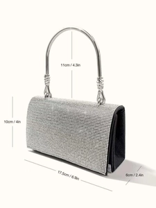Silver rhinestone evening clutch bag with round metal handle and dimensions display