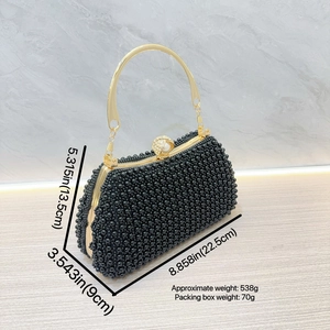 Detailed dimensions of black beaded evening bag with golden metal handle and pearl clasp
