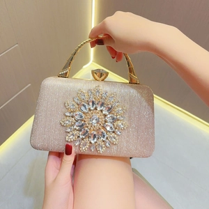 Elegant Rhinestone Evening Clutch Bag Women Glitter PVC Sunflower Decoration Metal Handle Chain Strap Party Wedding Purse