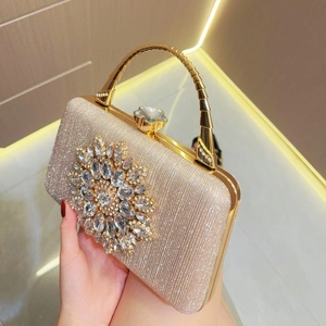Champagne gold rhinestone evening clutch bag with flower pattern and metal handle