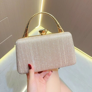 Champagne gold rhinestone evening clutch bag with spiral metal handle for formal parties