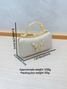 Silver sequin evening clutch bag with rhinestone butterfly and metal handle for party