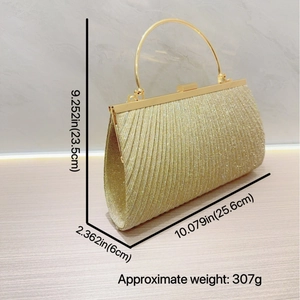 Detail view of gold pleated evening clutch with dimensions 25.6cm by 23.5cm and ring handle