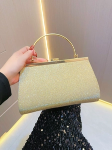 Elegant gold sequin evening clutch bag with circular metal handle for formal parties