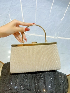 Close-up of champagne gold pleated evening clutch bag with round metal top handle