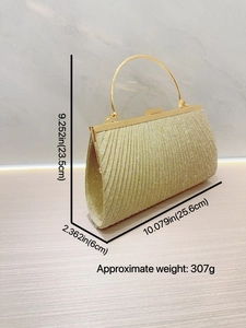 Elegant gold pleated evening clutch with round metal handle and sparkling sequin texture
