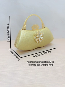 Elegant gold evening clutch with crystal flower clasp and metal handle for party use
