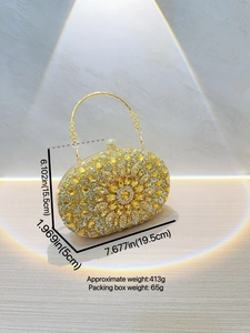 Pochette da sera dorata con motivi floreali in cristallo e misure 19,5x15,5x5cm