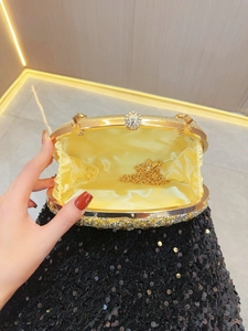 Lussuosa borsa da sera con strass, catena in metallo dorato e fodera in raso
