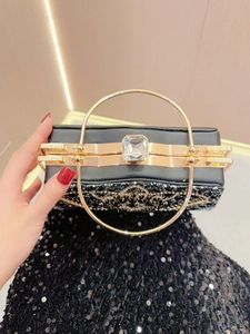 Pochette de soirée noire luxueuse à paillettes avec grande poignée en métal doré