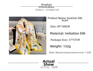 Detailed specs of floral faux silk scarf measuring 85x180cm and weighing 132g